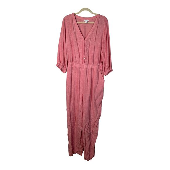Liz Claiborne L Wide Leg LINEN Jumpsuit Slouchy One Piece Coveralls Elastic Pink - Picture 2 of 7